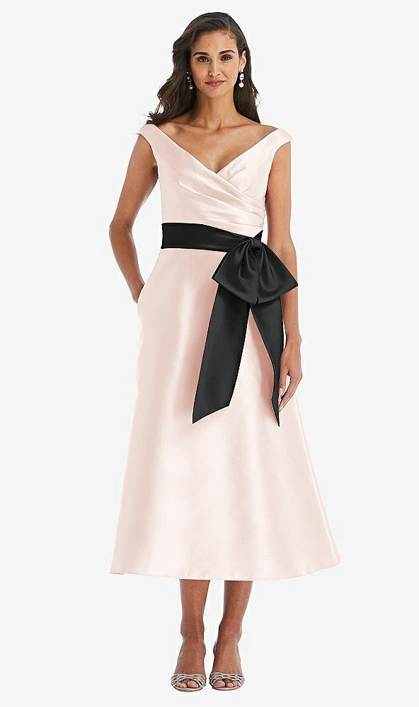 Front View - Blush & Black Off-the-Shoulder Bow-Waist Midi Dress with Pockets