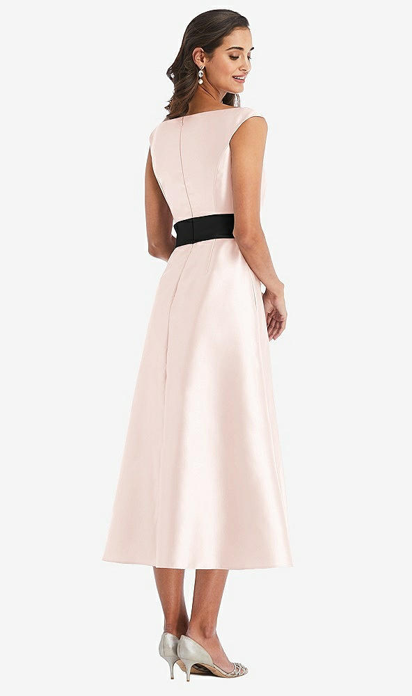 Back View - Blush & Black Off-the-Shoulder Bow-Waist Midi Dress with Pockets