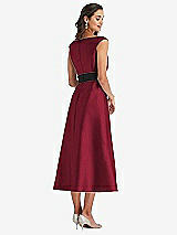 Rear View Thumbnail - Burgundy & Black Off-the-Shoulder Bow-Waist Midi Dress with Pockets