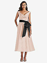 Front View Thumbnail - Cameo & Black Off-the-Shoulder Bow-Waist Midi Dress with Pockets