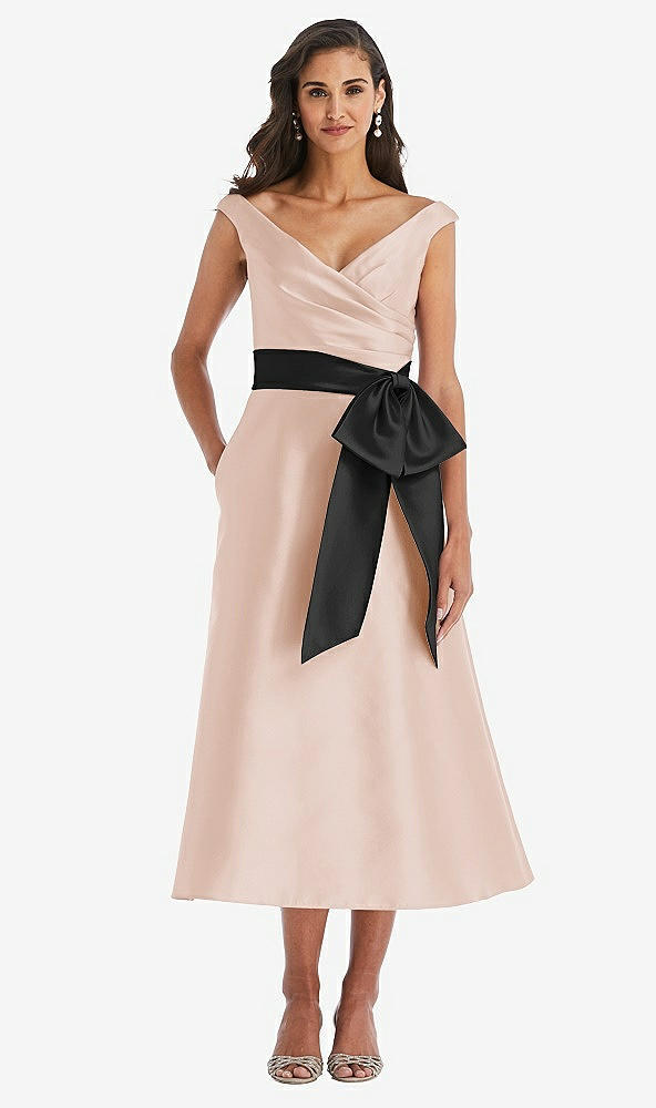Front View - Cameo & Black Off-the-Shoulder Bow-Waist Midi Dress with Pockets