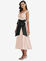 Side View Thumbnail - Cameo & Black Off-the-Shoulder Bow-Waist Midi Dress with Pockets
