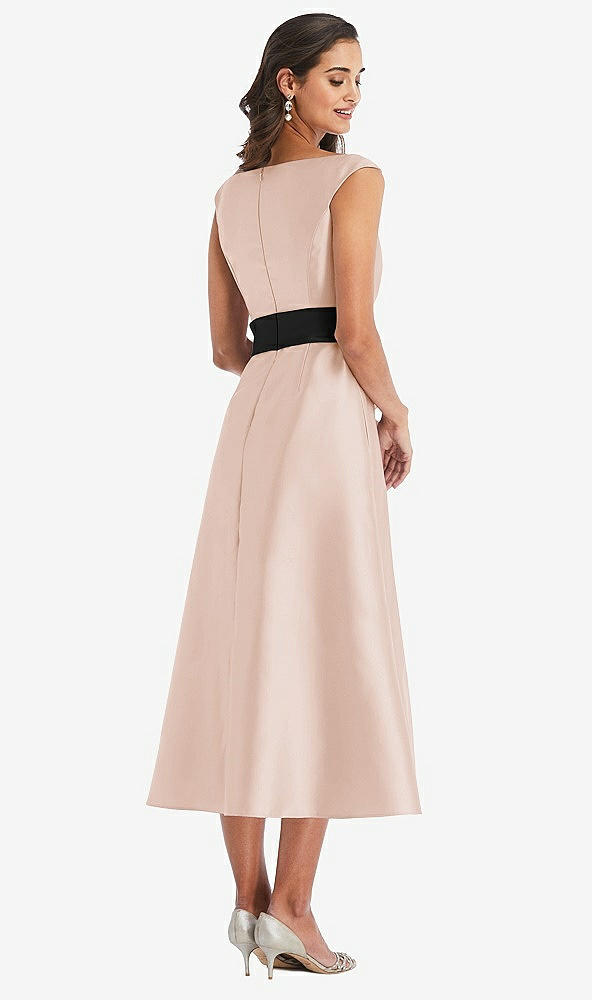 Back View - Cameo & Black Off-the-Shoulder Bow-Waist Midi Dress with Pockets