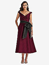 Front View Thumbnail - Cabernet & Black Off-the-Shoulder Bow-Waist Midi Dress with Pockets