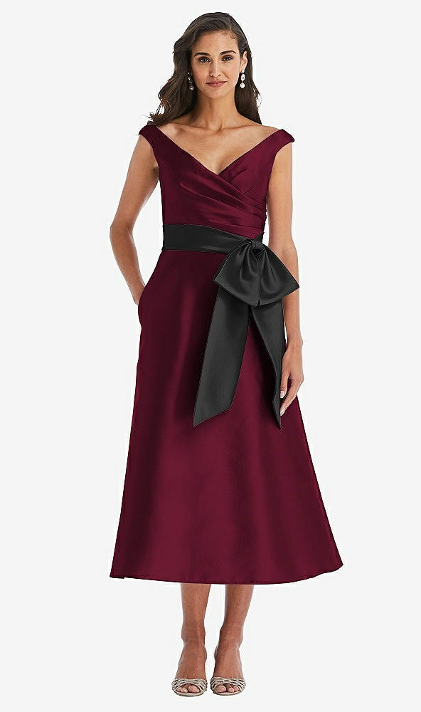 Front View - Cabernet & Black Off-the-Shoulder Bow-Waist Midi Dress with Pockets