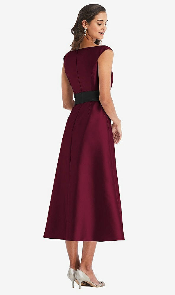 Back View - Cabernet & Black Off-the-Shoulder Bow-Waist Midi Dress with Pockets