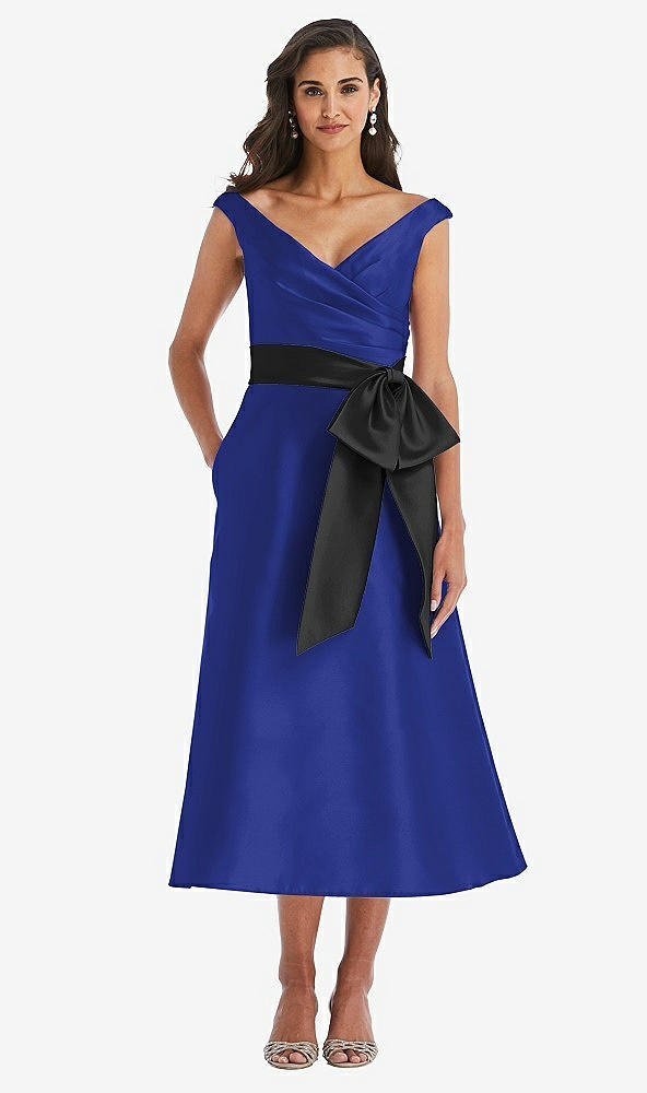 Front View - Cobalt Blue & Black Off-the-Shoulder Bow-Waist Midi Dress with Pockets