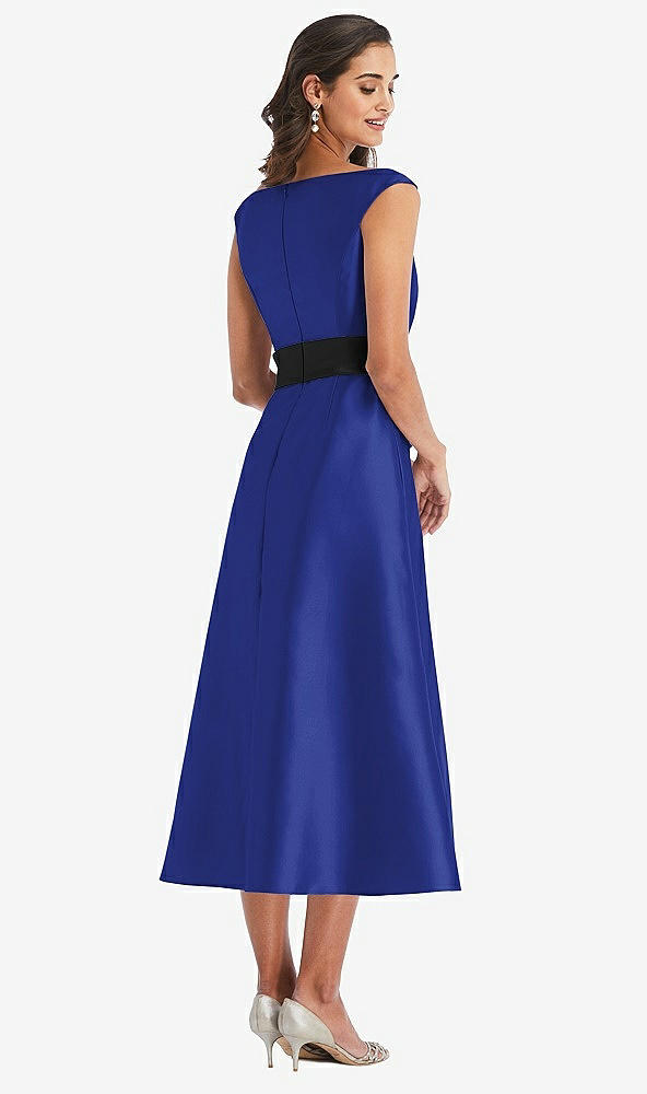 Back View - Cobalt Blue & Black Off-the-Shoulder Bow-Waist Midi Dress with Pockets