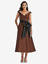 Front View Thumbnail - Cognac & Black Off-the-Shoulder Bow-Waist Midi Dress with Pockets