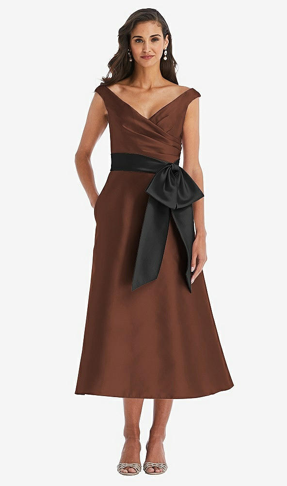 Front View - Cognac & Black Off-the-Shoulder Bow-Waist Midi Dress with Pockets