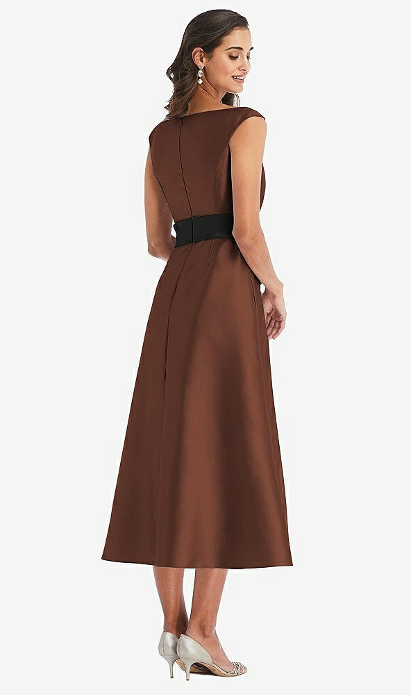 Back View - Cognac & Black Off-the-Shoulder Bow-Waist Midi Dress with Pockets
