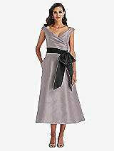 Front View Thumbnail - Cashmere Gray & Black Off-the-Shoulder Bow-Waist Midi Dress with Pockets