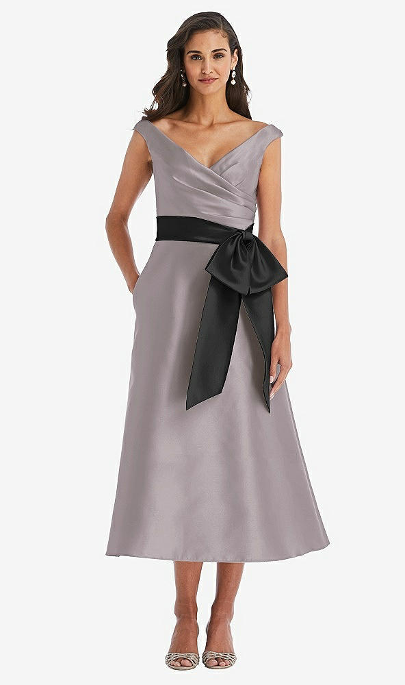 Front View - Cashmere Gray & Black Off-the-Shoulder Bow-Waist Midi Dress with Pockets