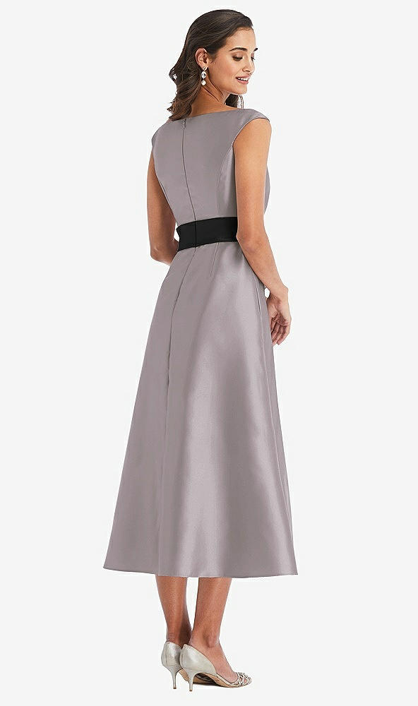 Back View - Cashmere Gray & Black Off-the-Shoulder Bow-Waist Midi Dress with Pockets