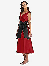 Side View Thumbnail - Garnet & Black Off-the-Shoulder Bow-Waist Midi Dress with Pockets