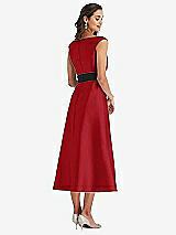Rear View Thumbnail - Garnet & Black Off-the-Shoulder Bow-Waist Midi Dress with Pockets