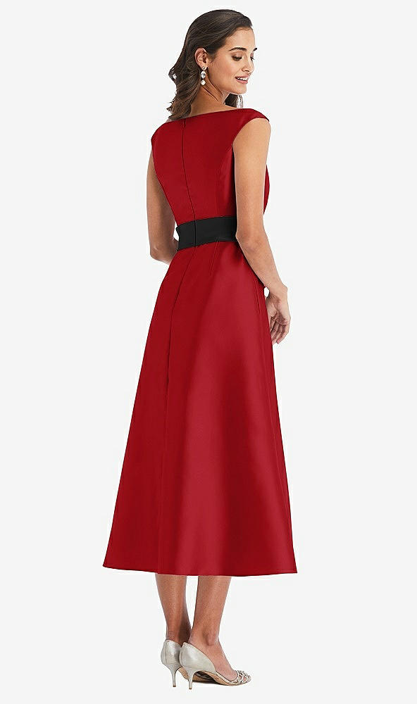 Back View - Garnet & Black Off-the-Shoulder Bow-Waist Midi Dress with Pockets