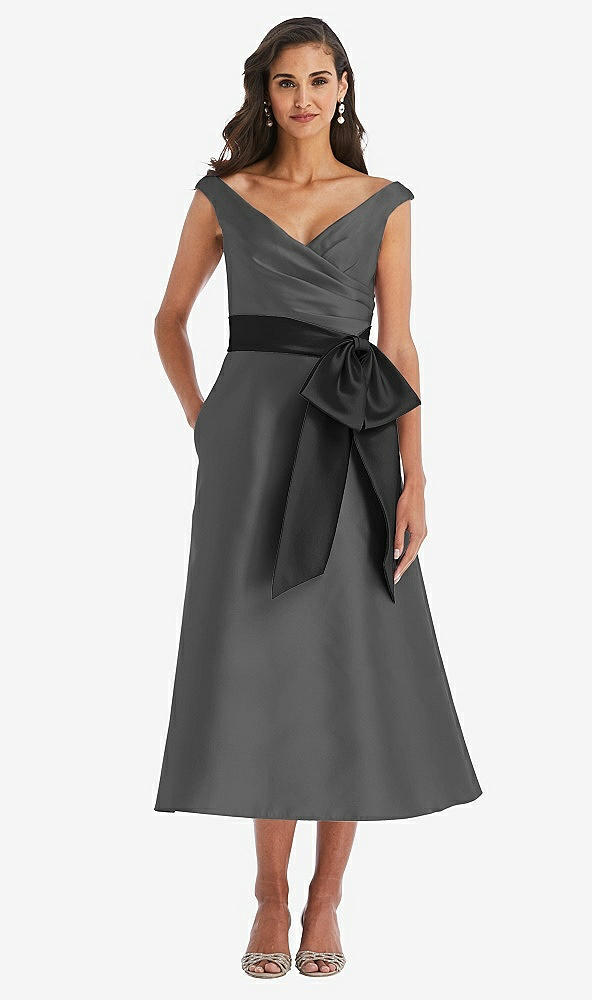 Front View - Gunmetal & Black Off-the-Shoulder Bow-Waist Midi Dress with Pockets
