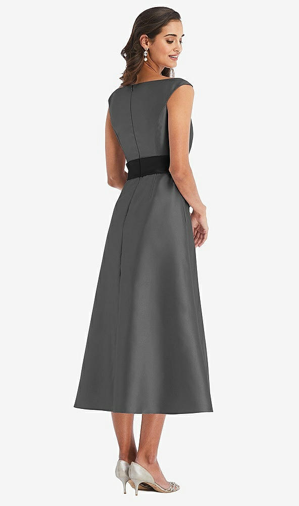 Back View - Gunmetal & Black Off-the-Shoulder Bow-Waist Midi Dress with Pockets