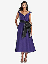 Front View Thumbnail - Grape & Black Off-the-Shoulder Bow-Waist Midi Dress with Pockets
