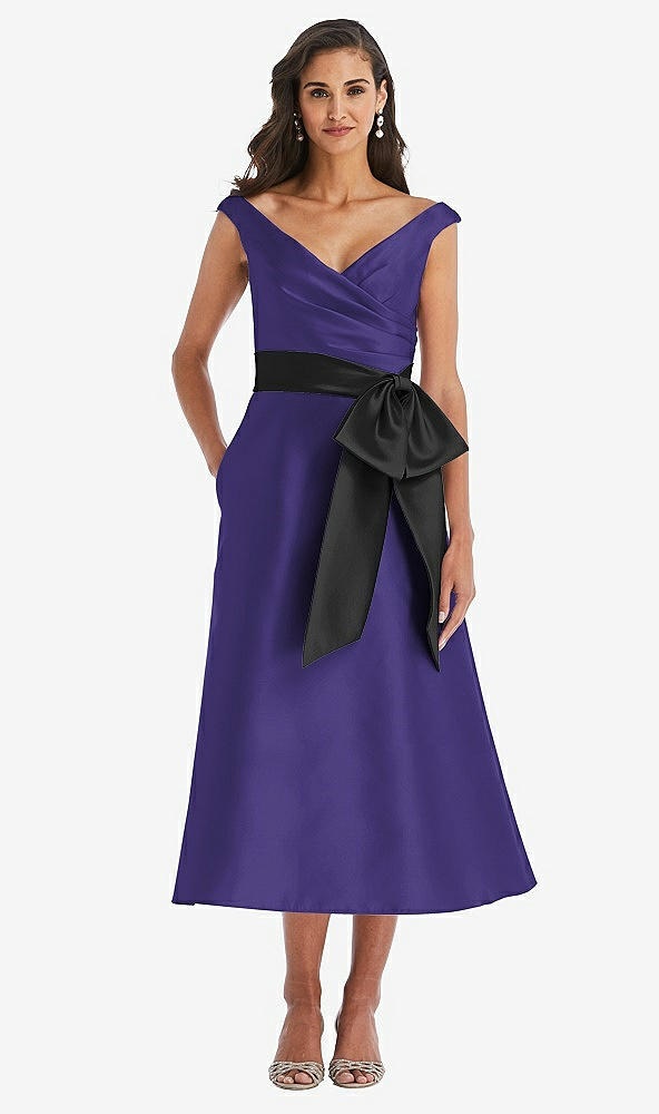 Front View - Grape & Black Off-the-Shoulder Bow-Waist Midi Dress with Pockets