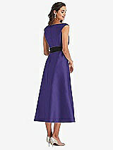 Rear View Thumbnail - Grape & Black Off-the-Shoulder Bow-Waist Midi Dress with Pockets