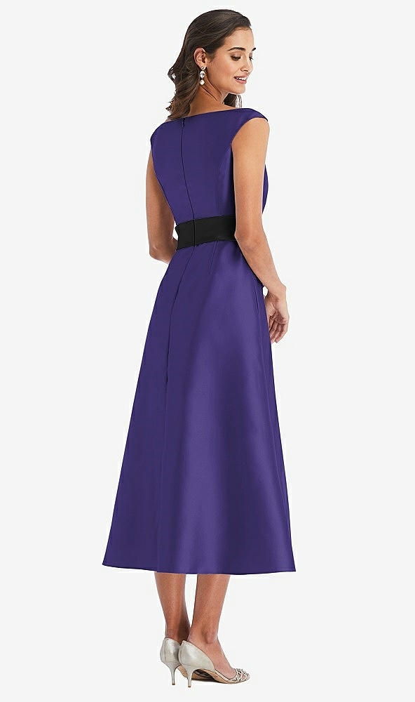 Back View - Grape & Black Off-the-Shoulder Bow-Waist Midi Dress with Pockets