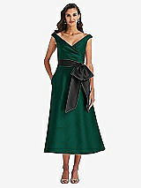 Front View Thumbnail - Hunter Green & Black Off-the-Shoulder Bow-Waist Midi Dress with Pockets