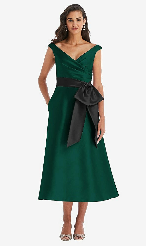 Front View - Hunter Green & Black Off-the-Shoulder Bow-Waist Midi Dress with Pockets