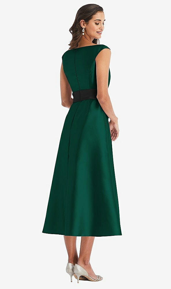 Back View - Hunter Green & Black Off-the-Shoulder Bow-Waist Midi Dress with Pockets