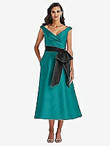 Front View Thumbnail - Jade & Black Off-the-Shoulder Bow-Waist Midi Dress with Pockets