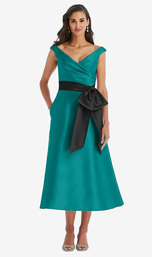 Front View - Jade & Black Off-the-Shoulder Bow-Waist Midi Dress with Pockets
