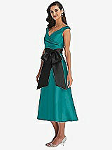 Side View Thumbnail - Jade & Black Off-the-Shoulder Bow-Waist Midi Dress with Pockets