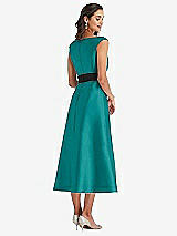 Rear View Thumbnail - Jade & Black Off-the-Shoulder Bow-Waist Midi Dress with Pockets