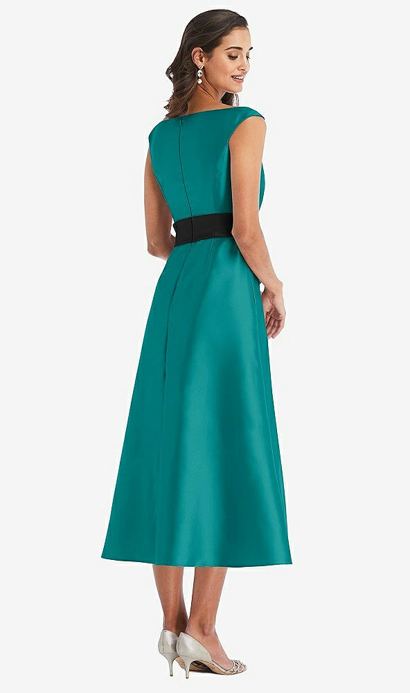 Back View - Jade & Black Off-the-Shoulder Bow-Waist Midi Dress with Pockets