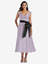 Front View Thumbnail - Lilac Haze & Black Off-the-Shoulder Bow-Waist Midi Dress with Pockets
