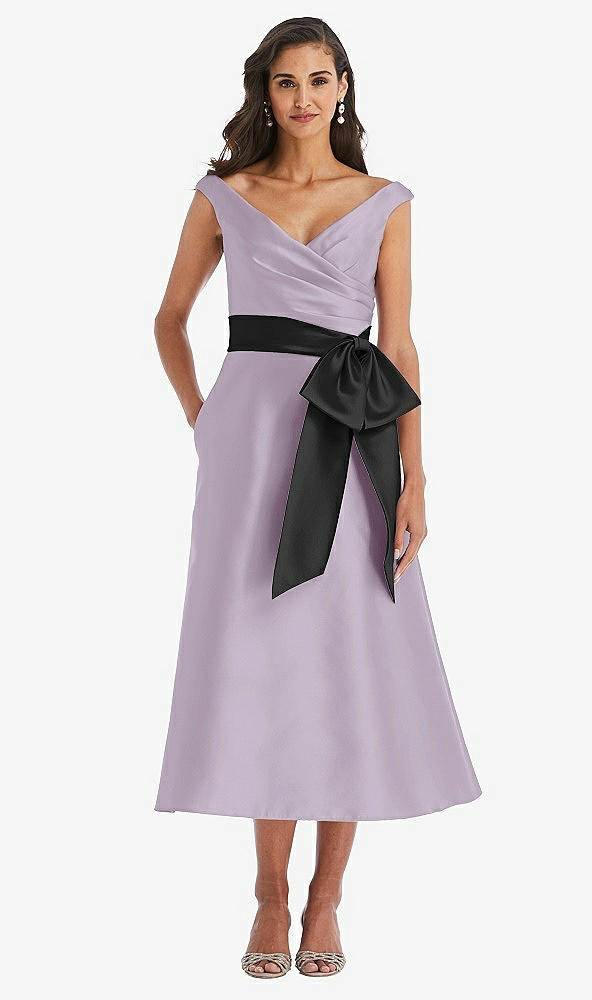 Front View - Lilac Haze & Black Off-the-Shoulder Bow-Waist Midi Dress with Pockets