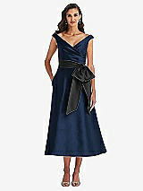 Front View Thumbnail - Midnight Navy & Black Off-the-Shoulder Bow-Waist Midi Dress with Pockets