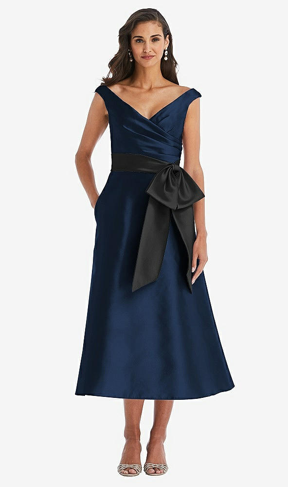 Front View - Midnight Navy & Black Off-the-Shoulder Bow-Waist Midi Dress with Pockets