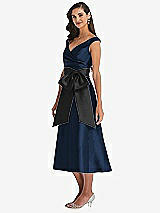 Side View Thumbnail - Midnight Navy & Black Off-the-Shoulder Bow-Waist Midi Dress with Pockets