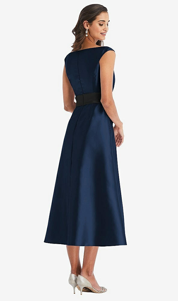 Back View - Midnight Navy & Black Off-the-Shoulder Bow-Waist Midi Dress with Pockets