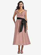 Front View Thumbnail - Neu Nude & Black Off-the-Shoulder Bow-Waist Midi Dress with Pockets