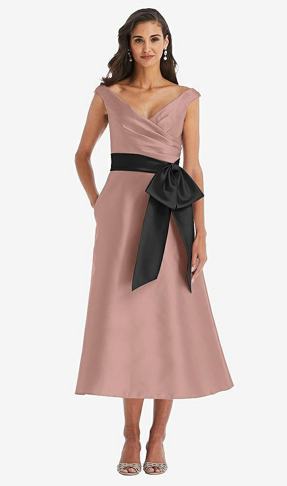 Front View - Neu Nude & Black Off-the-Shoulder Bow-Waist Midi Dress with Pockets