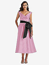 Front View Thumbnail - Powder Pink & Black Off-the-Shoulder Bow-Waist Midi Dress with Pockets