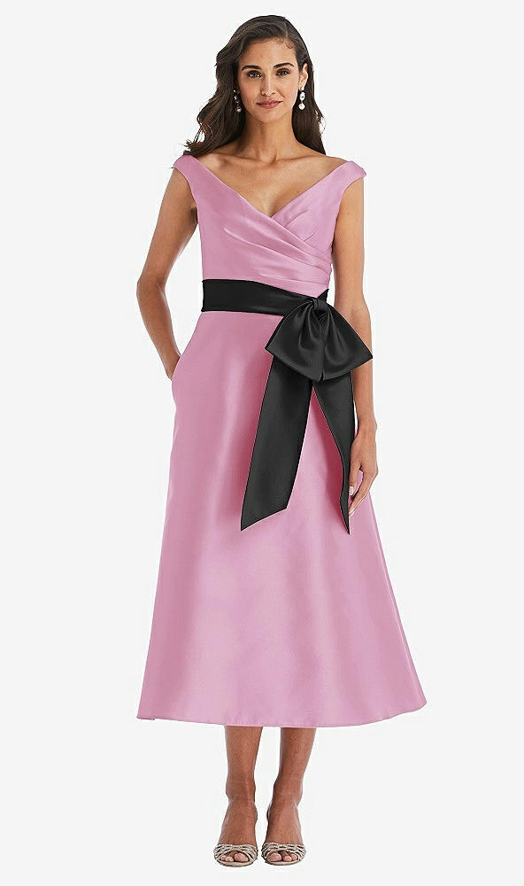 Front View - Powder Pink & Black Off-the-Shoulder Bow-Waist Midi Dress with Pockets