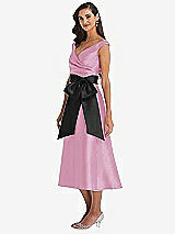 Side View Thumbnail - Powder Pink & Black Off-the-Shoulder Bow-Waist Midi Dress with Pockets