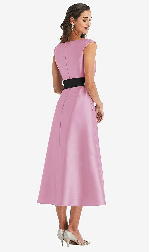 Back View - Powder Pink & Black Off-the-Shoulder Bow-Waist Midi Dress with Pockets