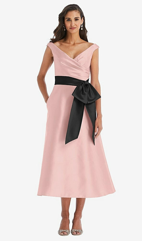Front View - Rose - PANTONE Rose Quartz & Black Off-the-Shoulder Bow-Waist Midi Dress with Pockets