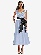 Front View Thumbnail - Sky Blue & Black Off-the-Shoulder Bow-Waist Midi Dress with Pockets