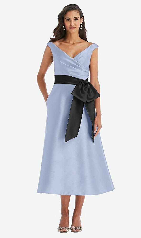 Front View - Sky Blue & Black Off-the-Shoulder Bow-Waist Midi Dress with Pockets